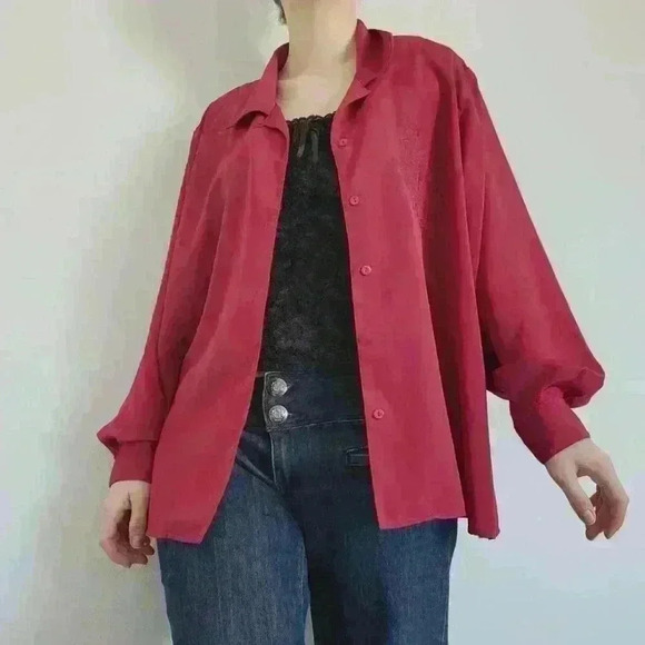 Vintage 90s Liz Moody silky red embroidered puffy long sleeve  button-up shirt - Picture 3 of 14